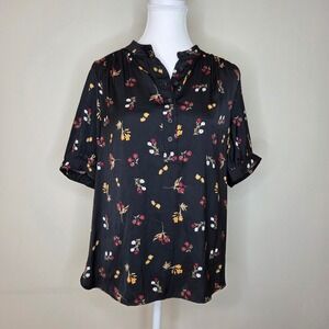 Banana Republic Black Floral Print Band Collar Shirt Women M
